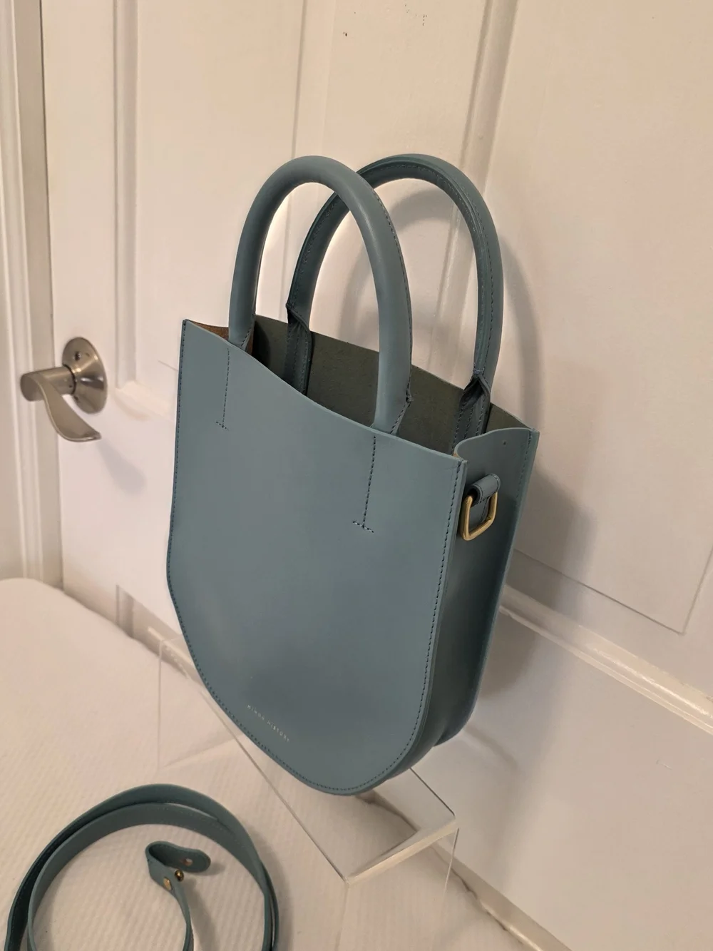 Minor History Blue Satchel/Crossbody Leather Open Top, Stylish, Sleek, Modern